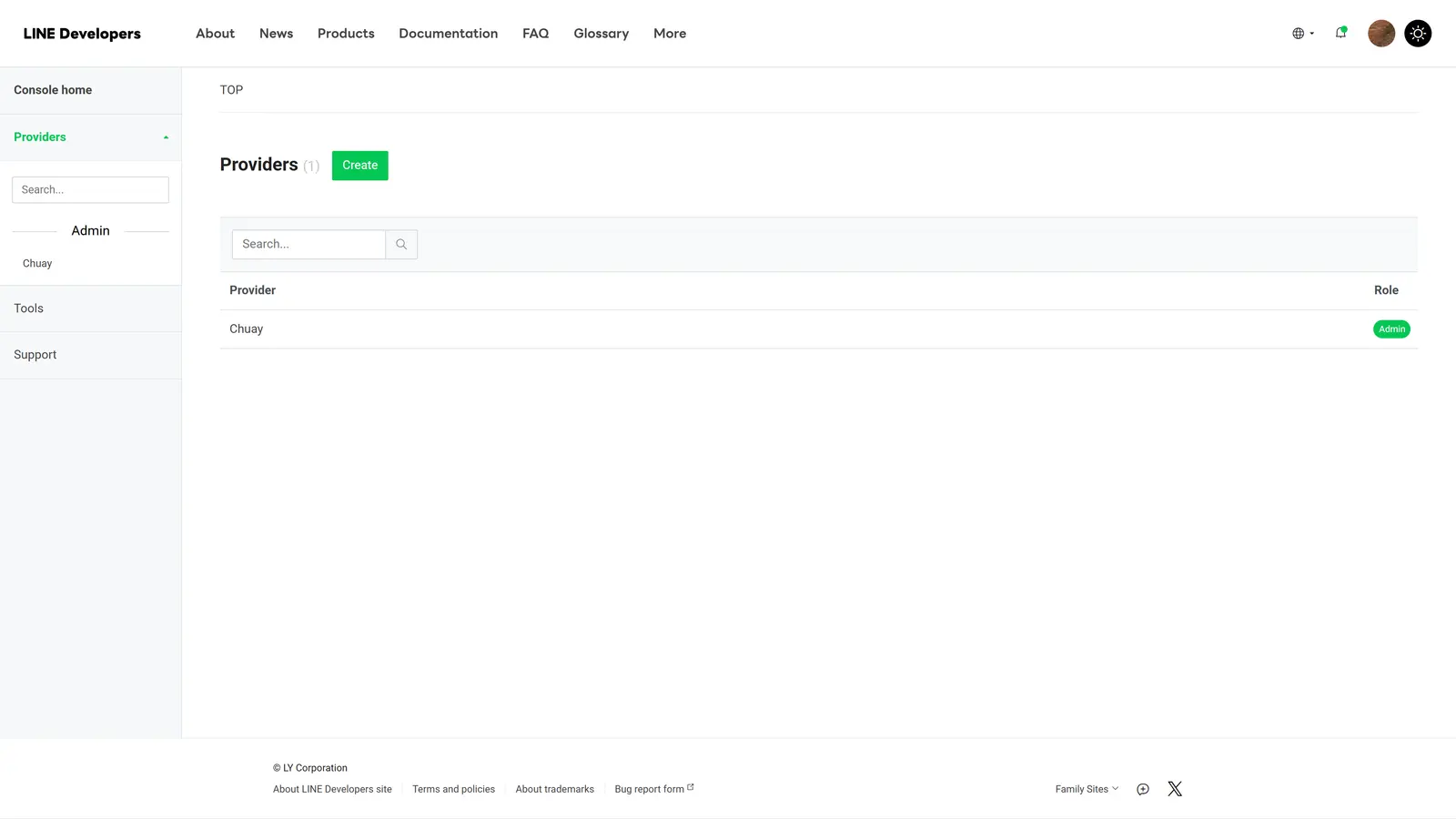 หน้ารายชื่อ Providers ใน LINE Developers Console ให้เลือกผู้ให้บริการของคุณ